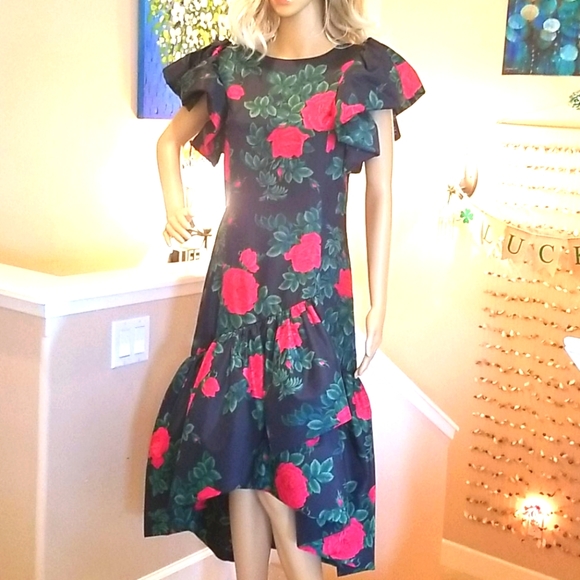 80's MORTON MYLES Red a Roses Ruffles Green BG Holiday Party Festive Midi Dress - Picture 14 of 16